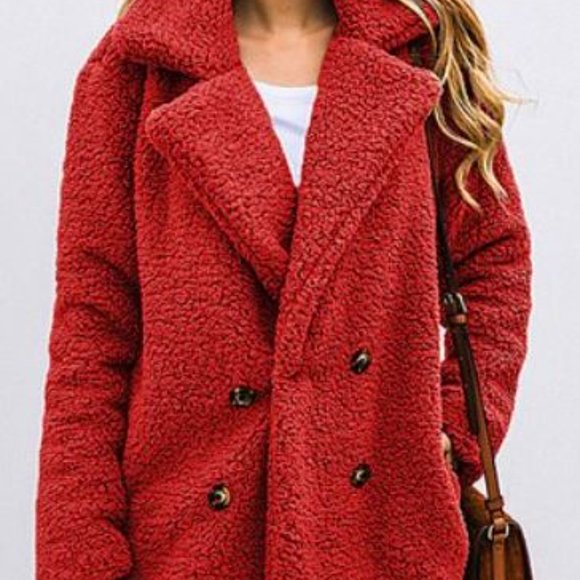 Suvimuga Jackets & Blazers - Red Teddy Peacoat - Women Plus Size